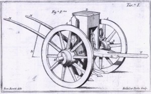 Seminatrice da Trattato della seminazione de' campi e della coltivazione de' prati di Giambattista Ratti, 1764